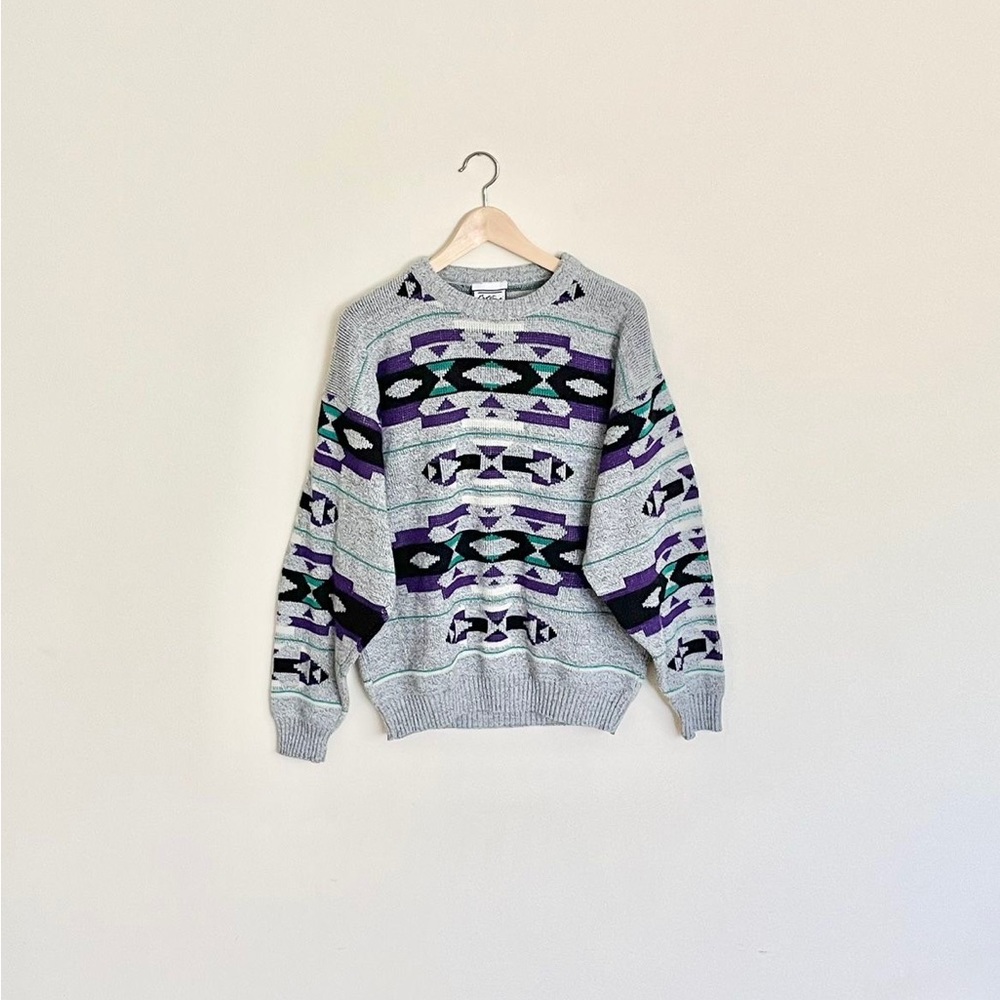 Vintage 80s Bollini Southwest Geometric Teal Purple Gray Sweater Men’s Large